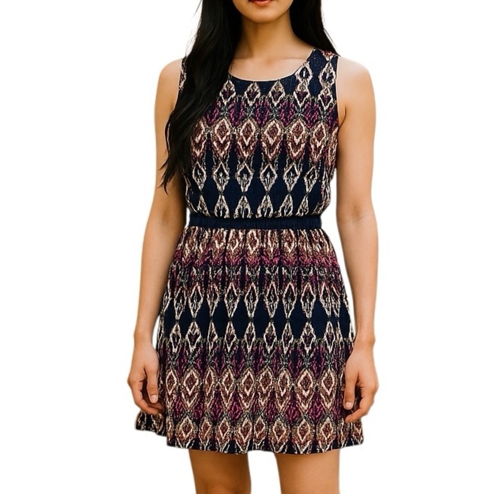 Sleeveless Ikat Dress Large Fit & Flare Soft Silky Artsy